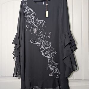 Max Studio Black Butterfly Midi Sheath W/ Bell Sleeves Flowy Sz:XL Special Occ